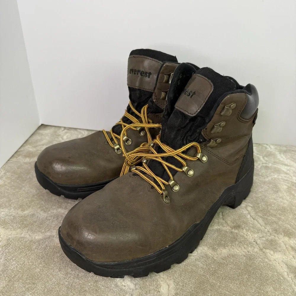 Everest Mens Brown Leather Lace Up Waterproof‎ Round Toe Hiking Boots Size US 14